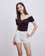 ISLACB039 Puff sleeve ribbon crop top (固定胸墊)