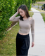 ISLACB011 Cotton cut out long sleeve crop top(固定胸墊)