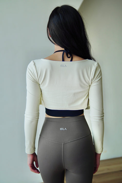 ISLACB008 Long sleeve fake two-piece halter neck crop top (3 colors)(Fixed pad)