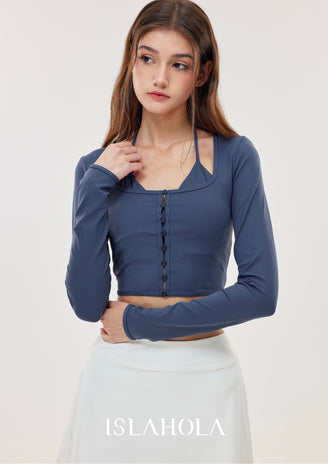 ISLACB045 Layered Elegance Button Long Sleeve crop Top (Fixed Pad)