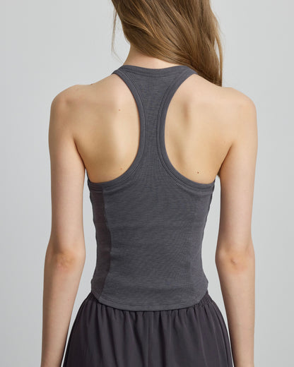 Back view of ISLAHOLA Line Form Flow Bra Top in Slate Grey featuring a racerback design.
