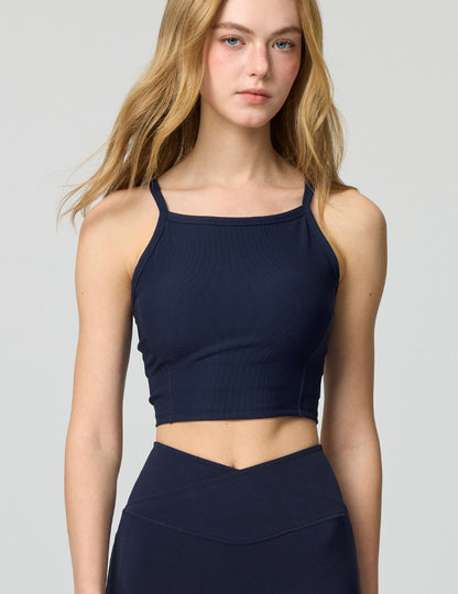 Model wearing ISLAB076 Frame Support Bra Top in Midnight Blue
