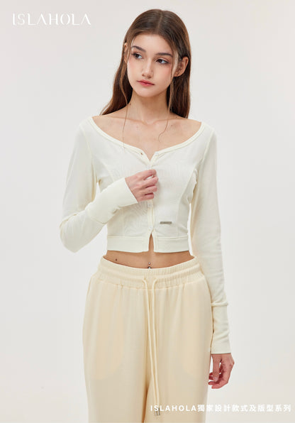 ISLAOUT074 Button Scoop Neck Cropped Cardigan (ISLAHOLA Exclusive)