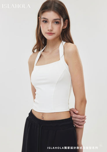 Women's white square neck workout tank with built-in bra