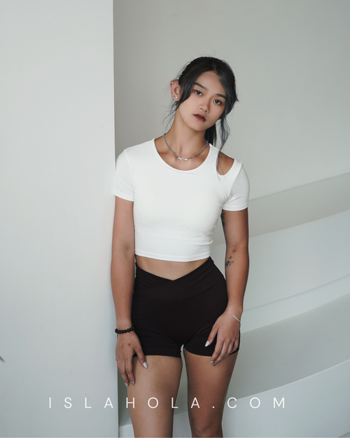 ISLACB027 Cotton cutout short sleeve crop top (固定胸墊)