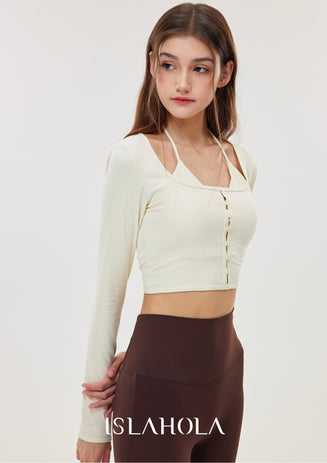 ISLACB045 Layered Elegance Button Long Sleeve crop Top (Fixed Pad)